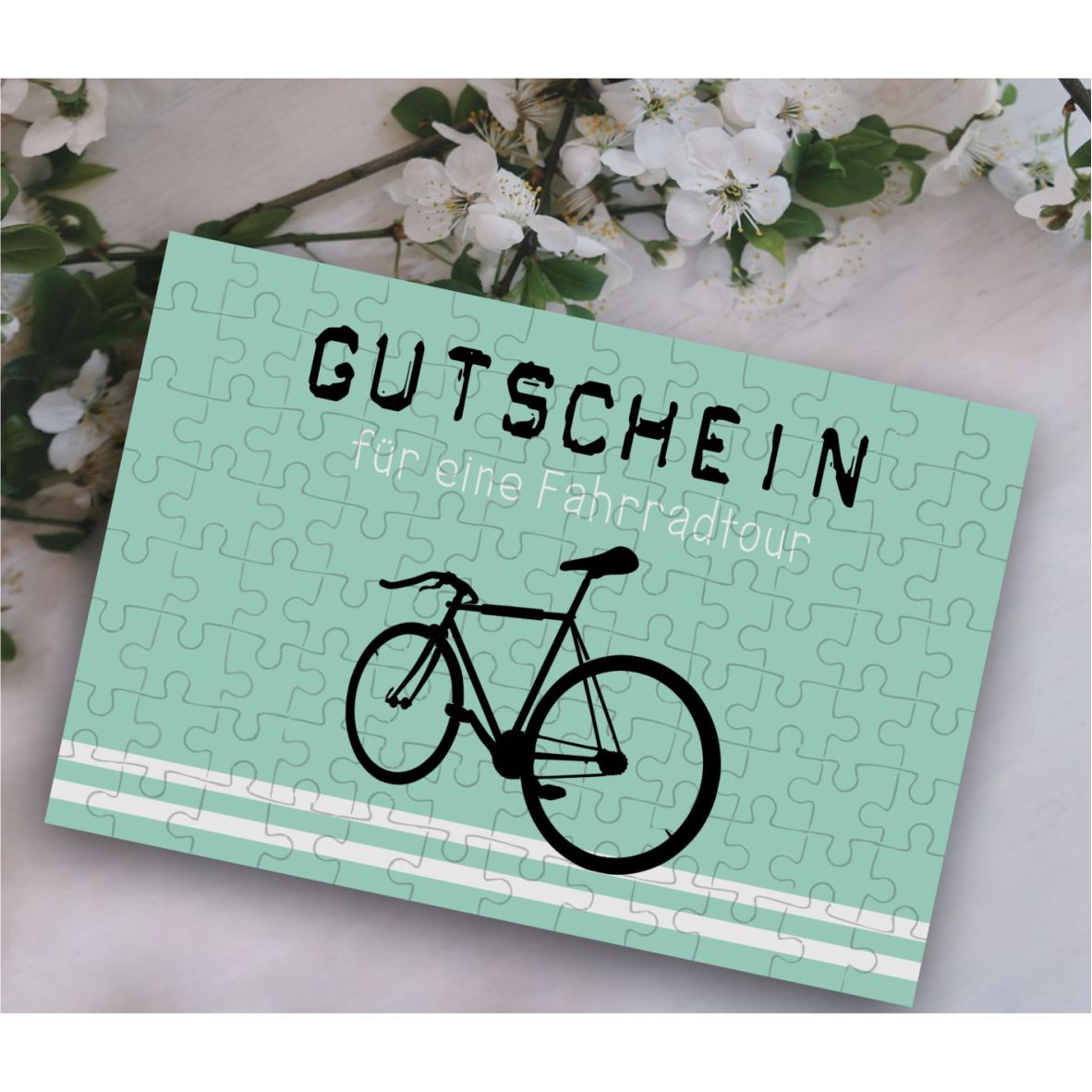 Puzzle-Gutschein mint "Fahrradtour" inkl Stoffbeutel "Frohe Weihnachten"