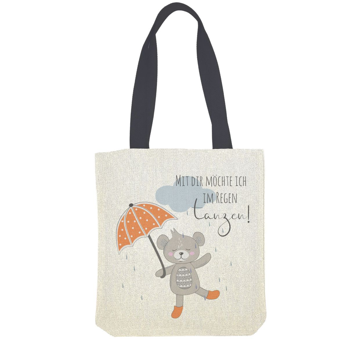 Einkaufstasche Bär mit Regenschirm "Mit dir möchte ich im Regen tanzen!"