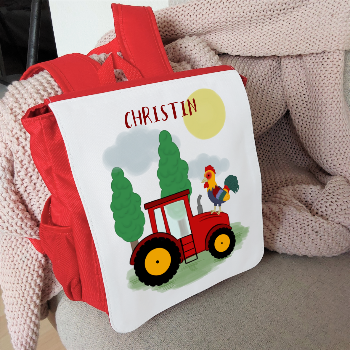 Kindergartenrucksack "Traktor", rot und Wunschnamen