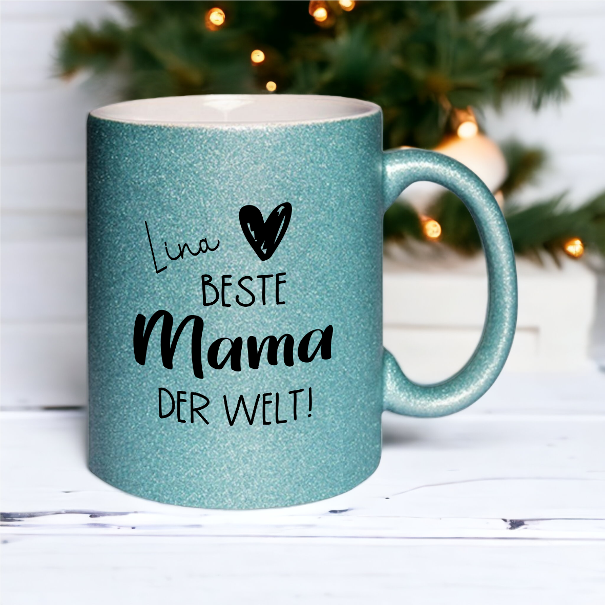 Glitzer Tasse "Beste Mama der Welt", hellblau mit Wunschnamen