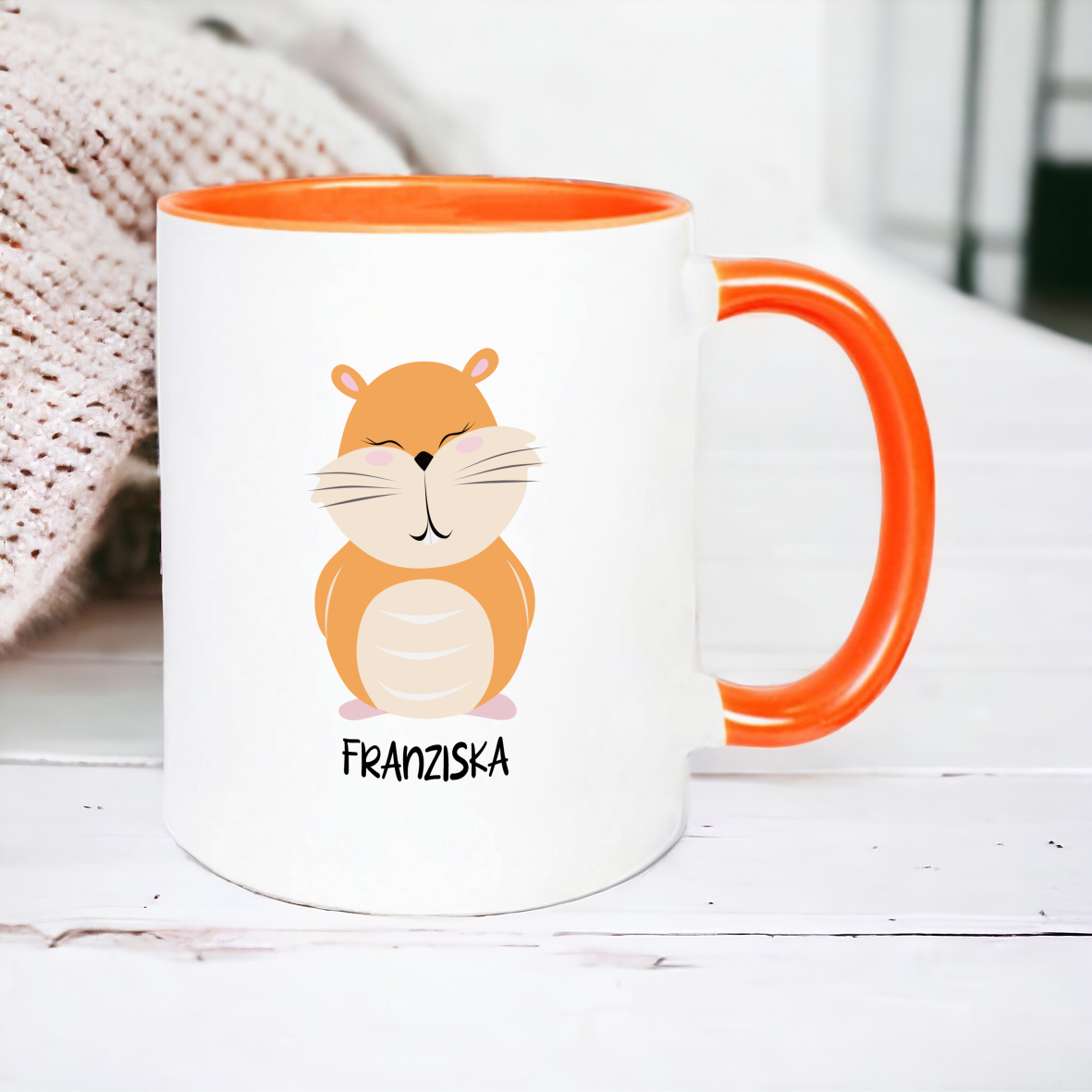 Keramik Tasse orange, "Hamster" mit Wunschnamen