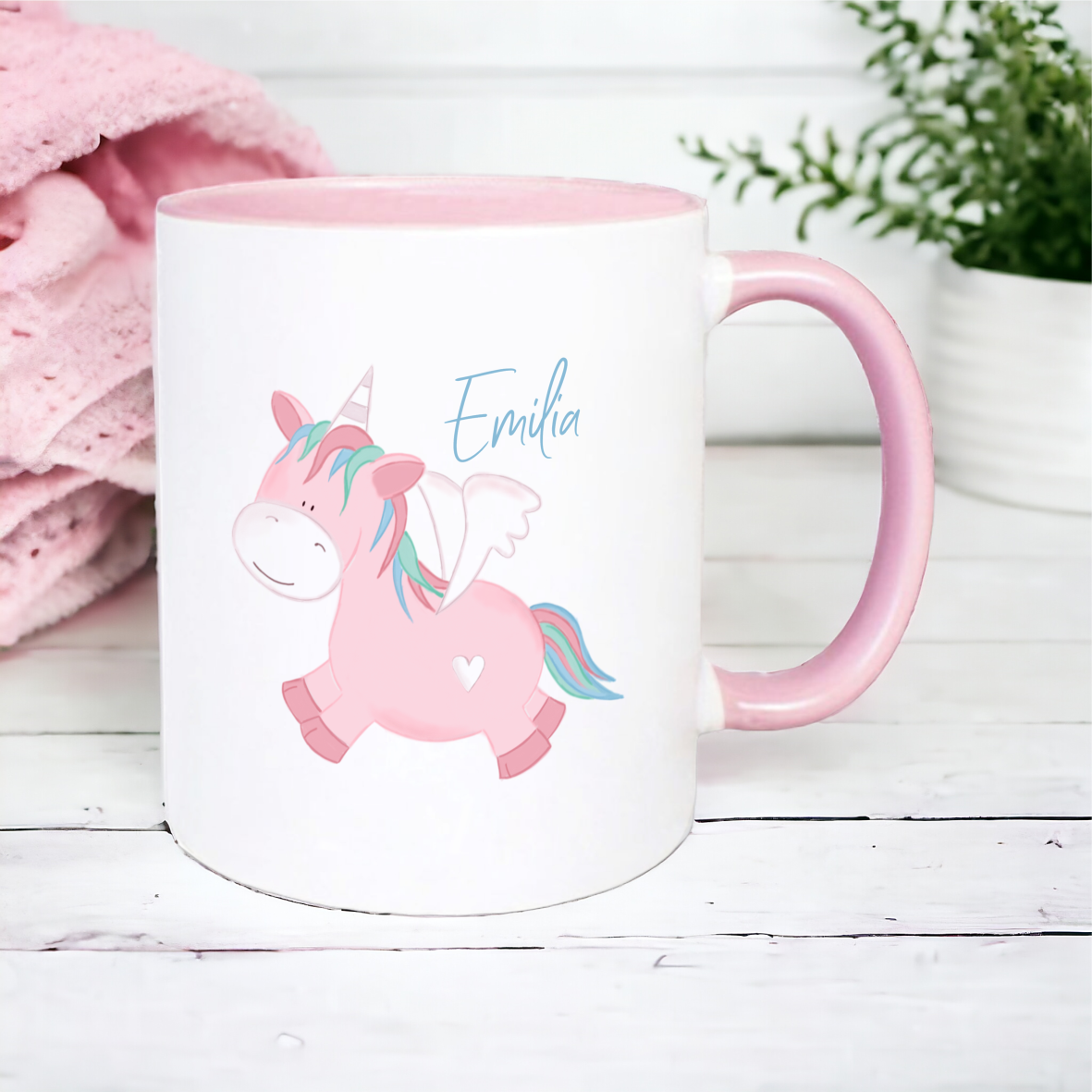 Keramik Tasse rosa, "Pegasus Einhorn" mit Wunschnamen