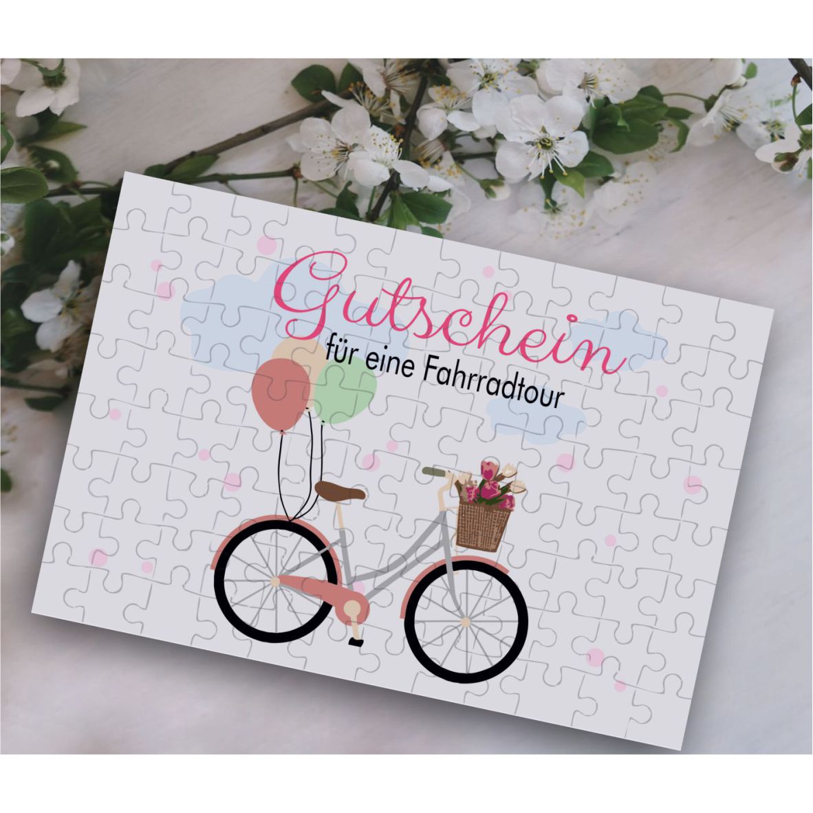 Puzzle-Gutschein weiß "Fahrradtour" inkl Stoffbeutel mit Wunschnamen