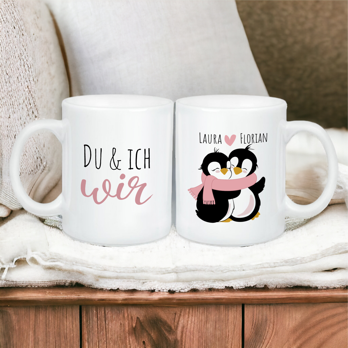 Keramik Tasse glänzend Pinguinpärchen "DU & ICH wir" mit Wunschnamen