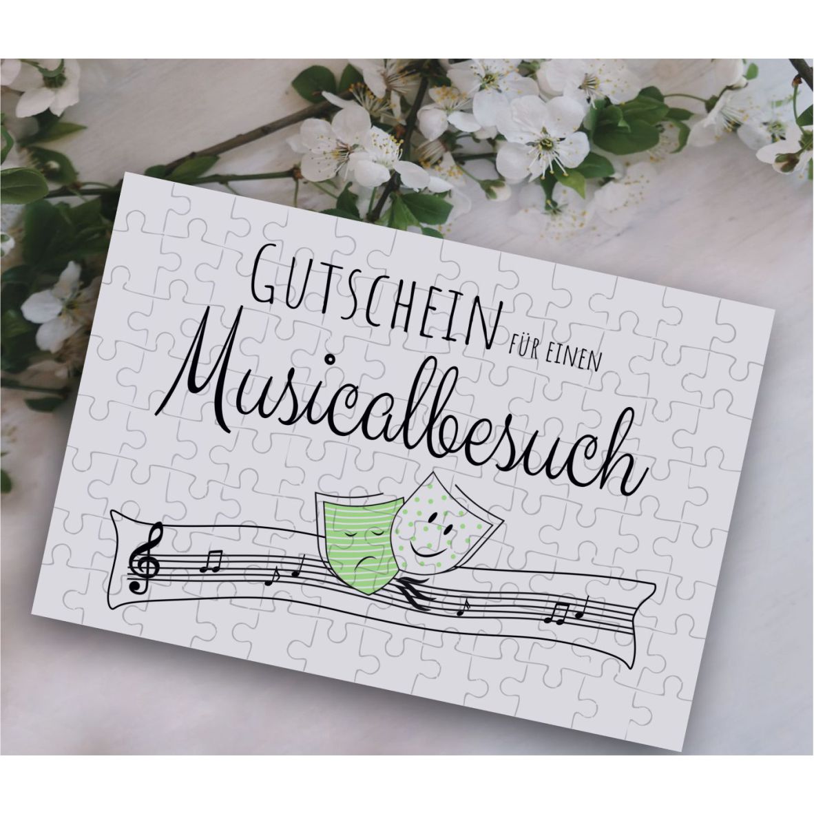 Puzzle-Gutschein hellgrün "Musical" inkl Stoffbeutel "Hab dich lieb"