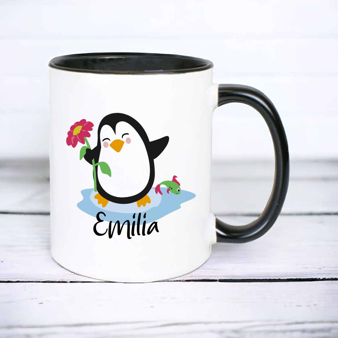 Keramik Tasse schwarz, "Pinguin" mit Wunschnamen