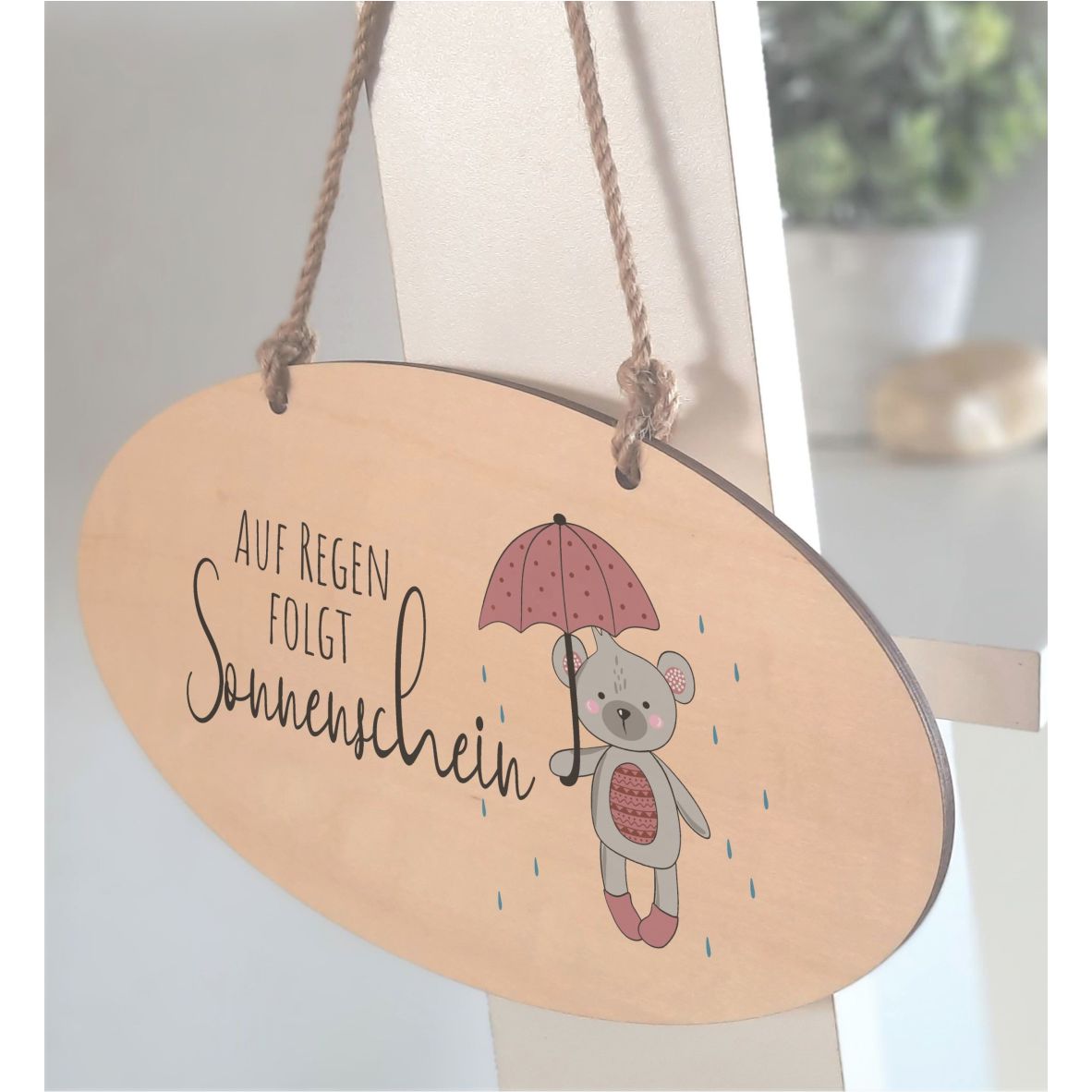 Türschild, Dekoschild, oval - Bär mit Regenschirm "Auf Regen folgt Sonnenschein"
