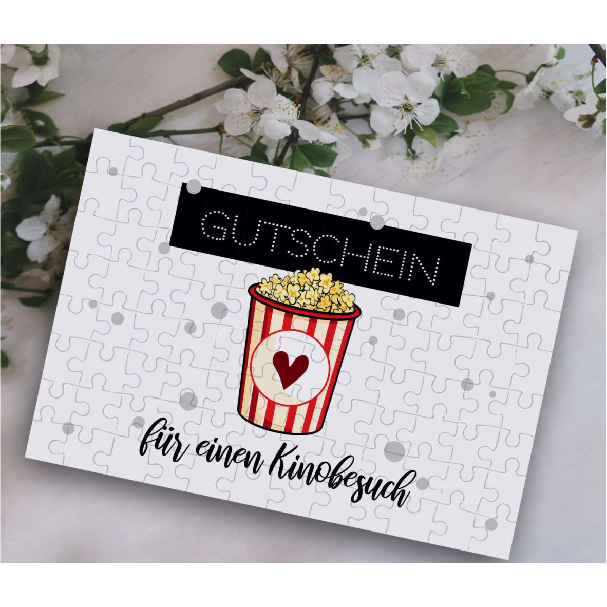 Puzzle-Gutschein Popcorn "Kinobesuch" inkl Stoffbeutel mit Wunschnamen