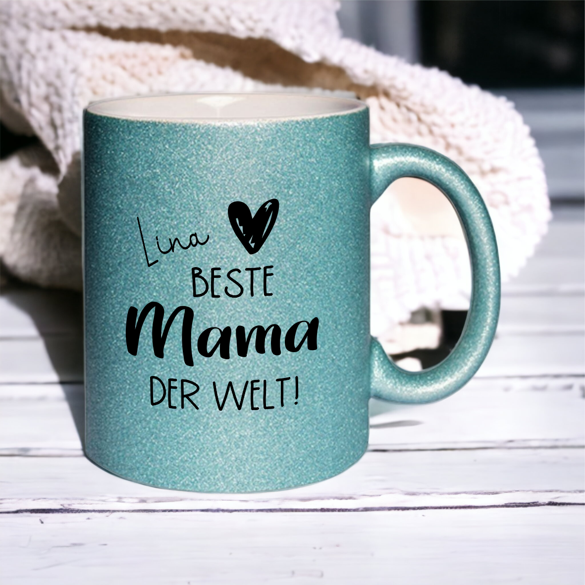 Glitzer Tasse "Beste Mama der Welt", hellblau mit Wunschnamen