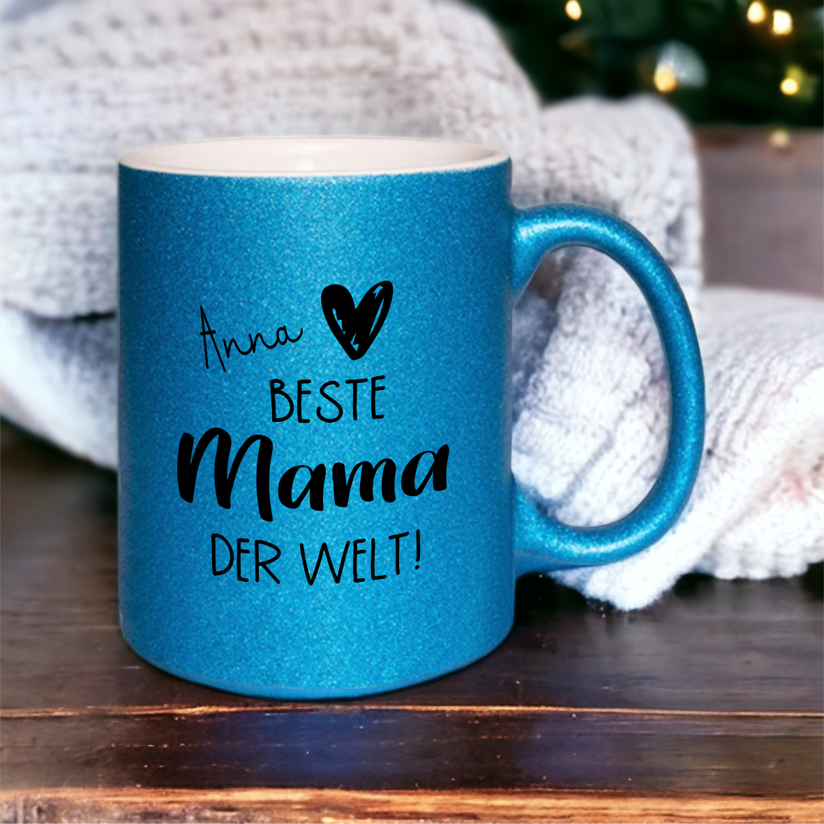 Glitzer Tasse "Beste Mama der Welt", blau mit Wunschnamen
