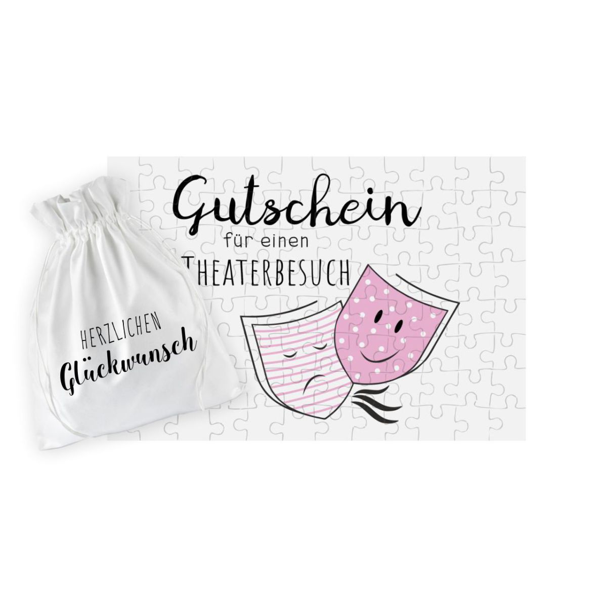 Puzzle-Gutschein magenta "Theater" inkl Stoffbeutel "Herzlichen Glückwunsch"