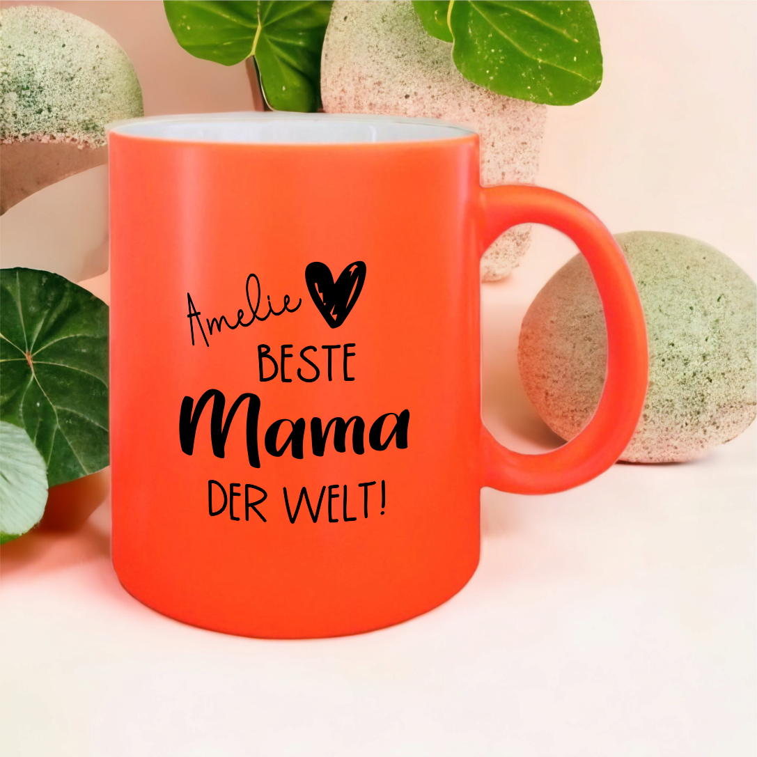 NEON Tasse "Beste Mama der Welt", orange mit Wunschnamen