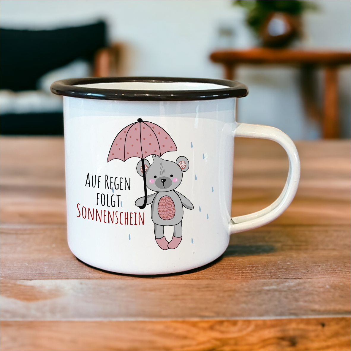 Emaille Tasse Bär mit Regenschirm "Auf Regen folgt Sonnnenschein!"