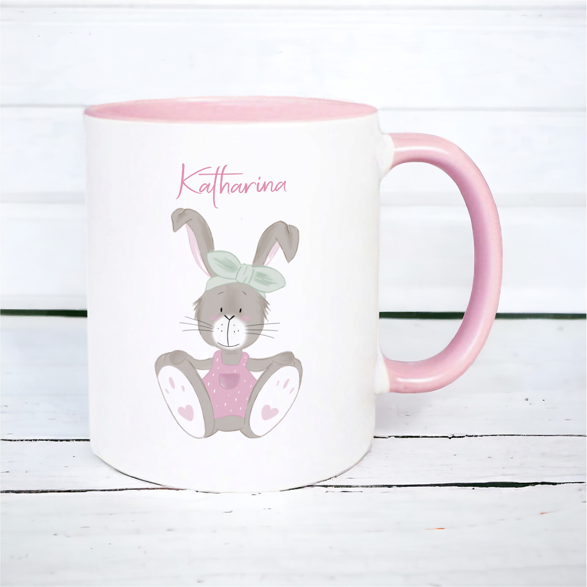 Keramik Tasse rosa, "Hasenmädchen" mit Wunschnamen