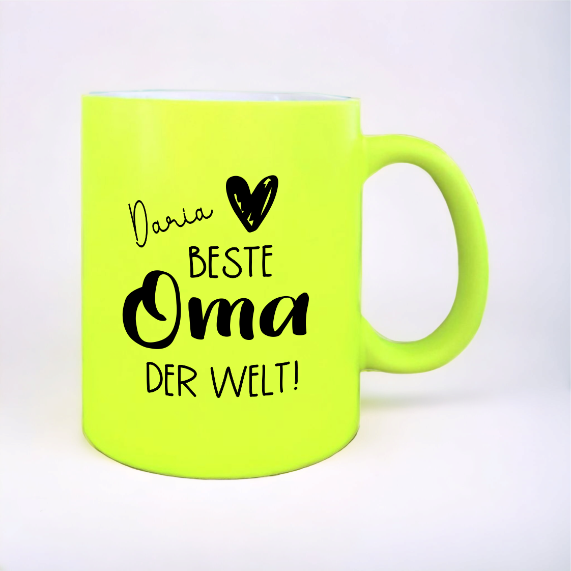 NEON Tasse "Beste Oma der Welt", gelb mit Wunschnamen