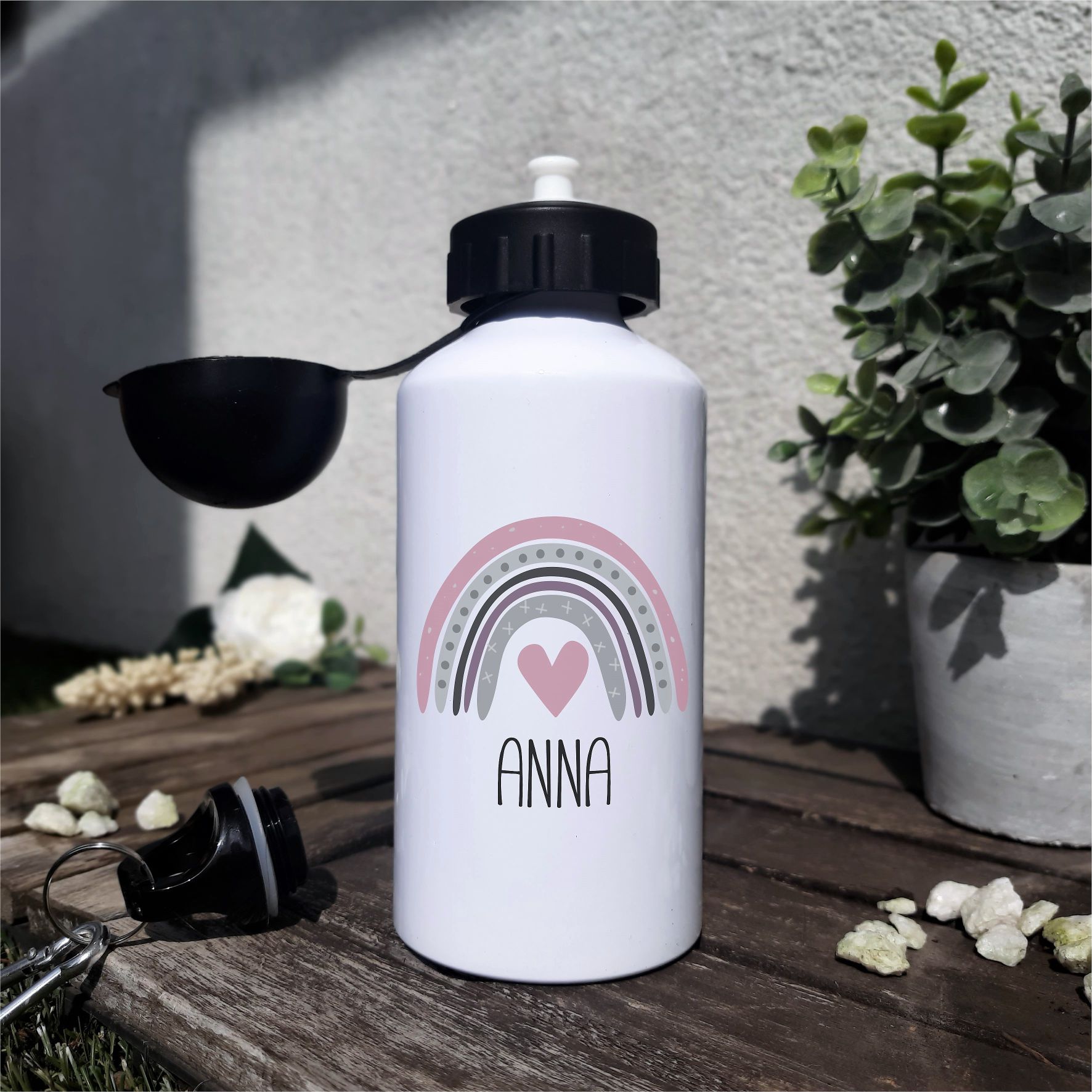 Trinkflasche "Regenbogen", rosa mit Wunschnamen
