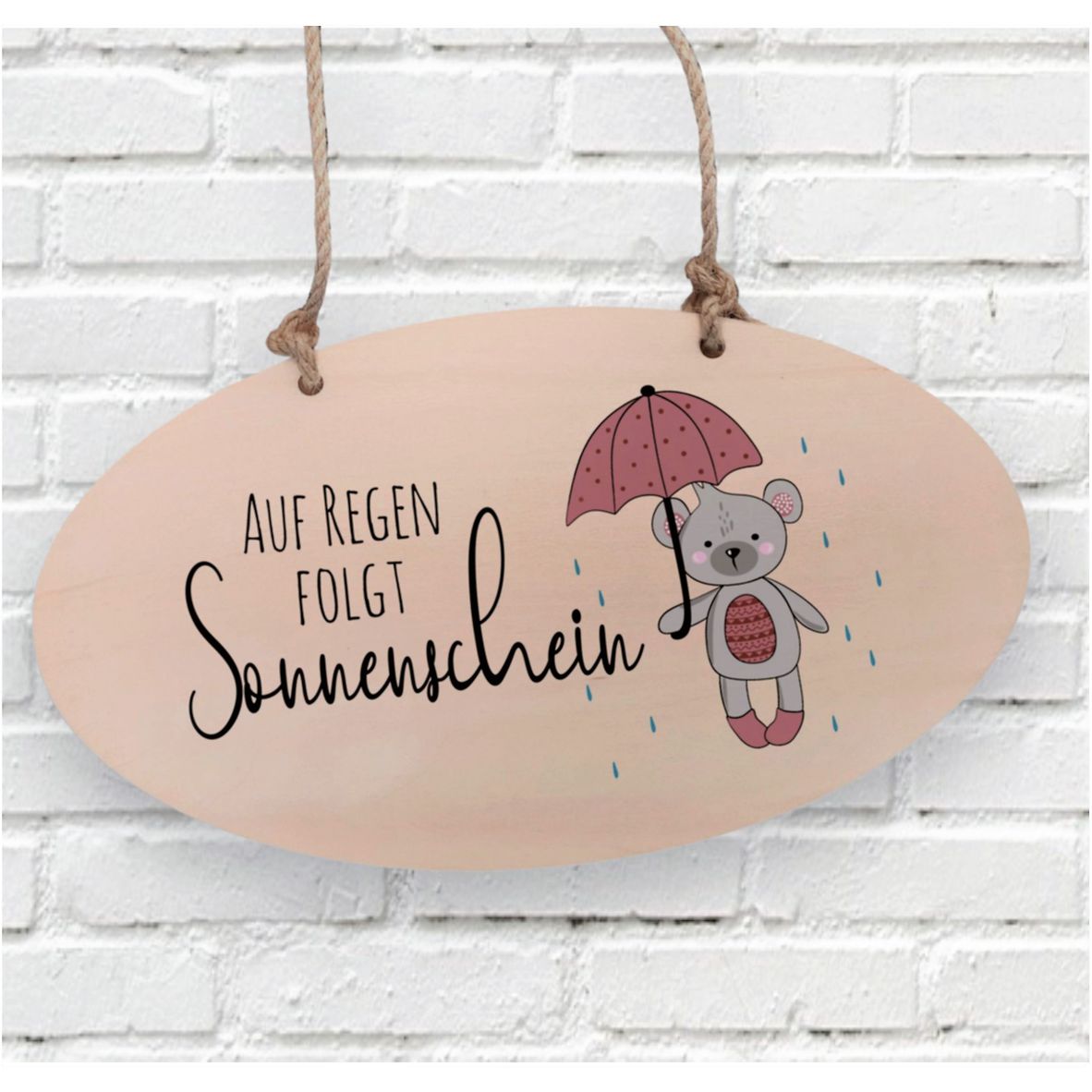 Türschild, Dekoschild, oval - Bär mit Regenschirm "Auf Regen folgt Sonnenschein"