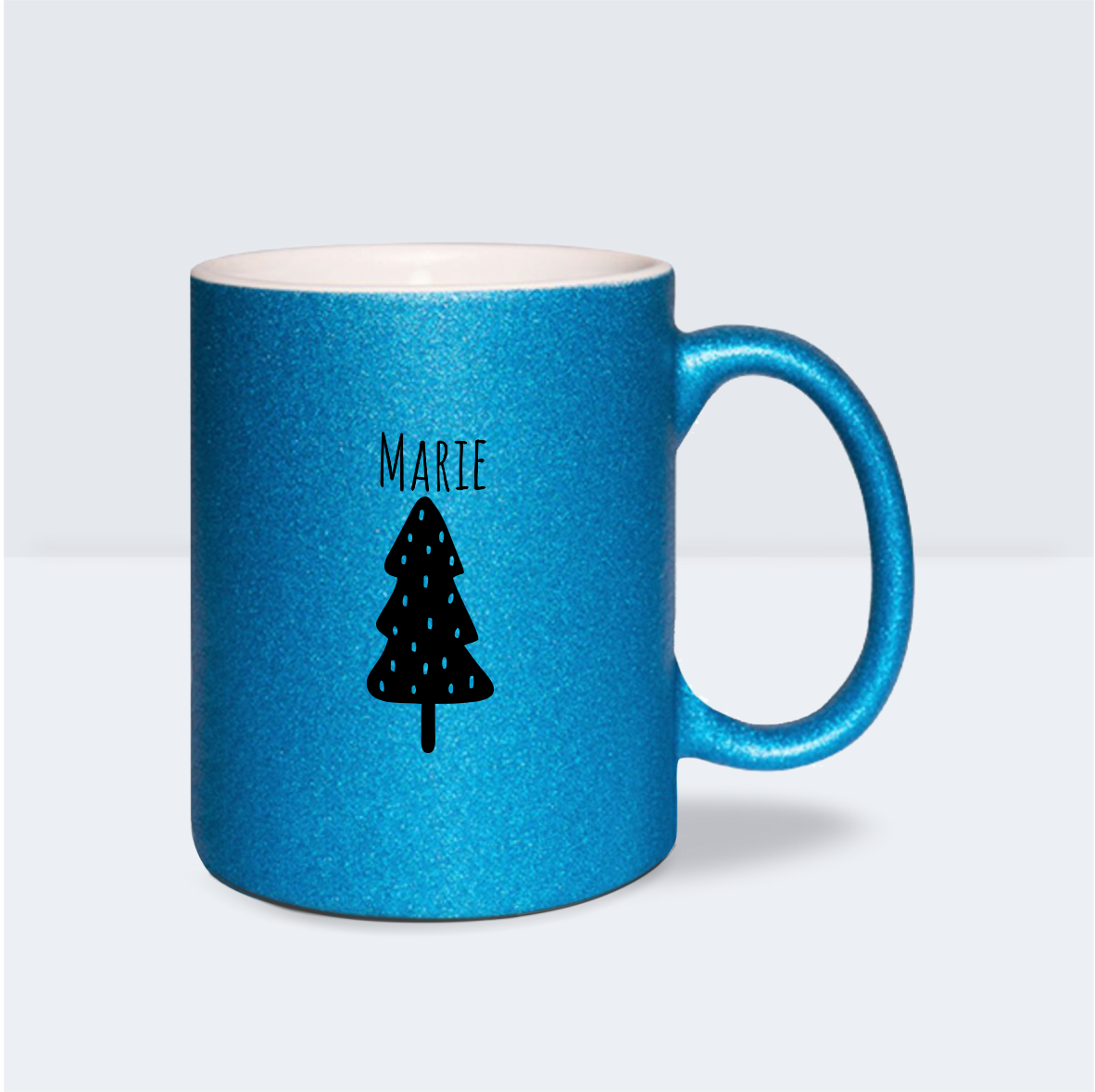 Glitzer Tasse "Weihnachtsbaum", blau mit Wunschnamen