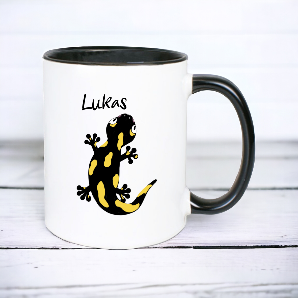 Keramik Tasse schwarz, "Salamander" mit Wunschnamen