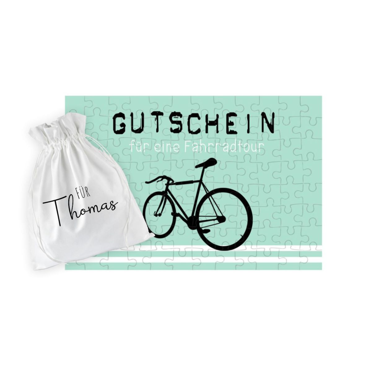 Puzzle-Gutschein mint "Fahrradtour" inkl. Stoffbeutel mit Wunschnamen