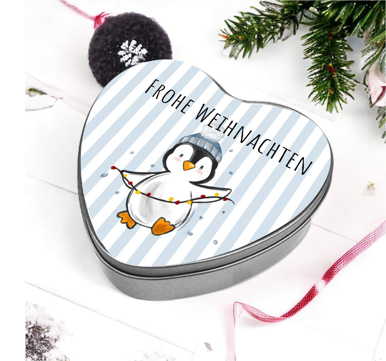 Geschenkdose Herz, "Pinguin Pitty-Frohe Weihnachten"