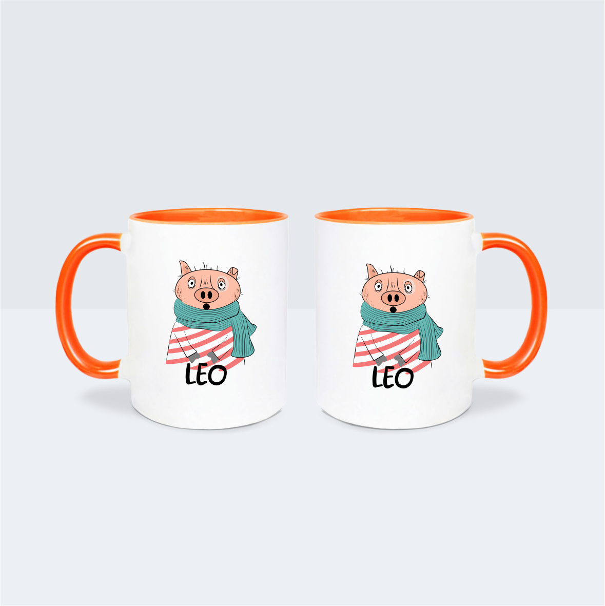 Keramik Tasse orange, "Cooly Schwein" mit Wunschnamen