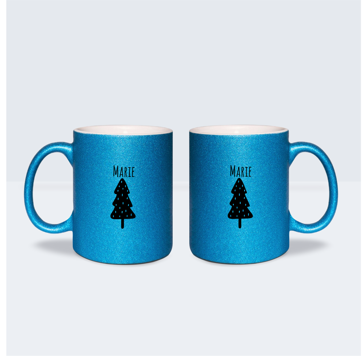 Glitzer Tasse "Weihnachtsbaum", blau mit Wunschnamen