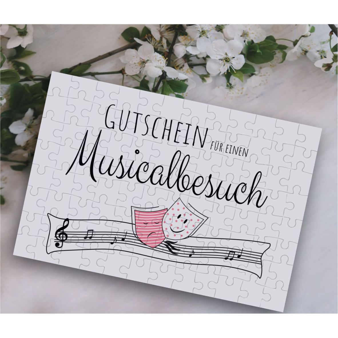 Puzzle-Gutschein rosa "Musical" inkl Stoffbeutel "Hab dich lieb"