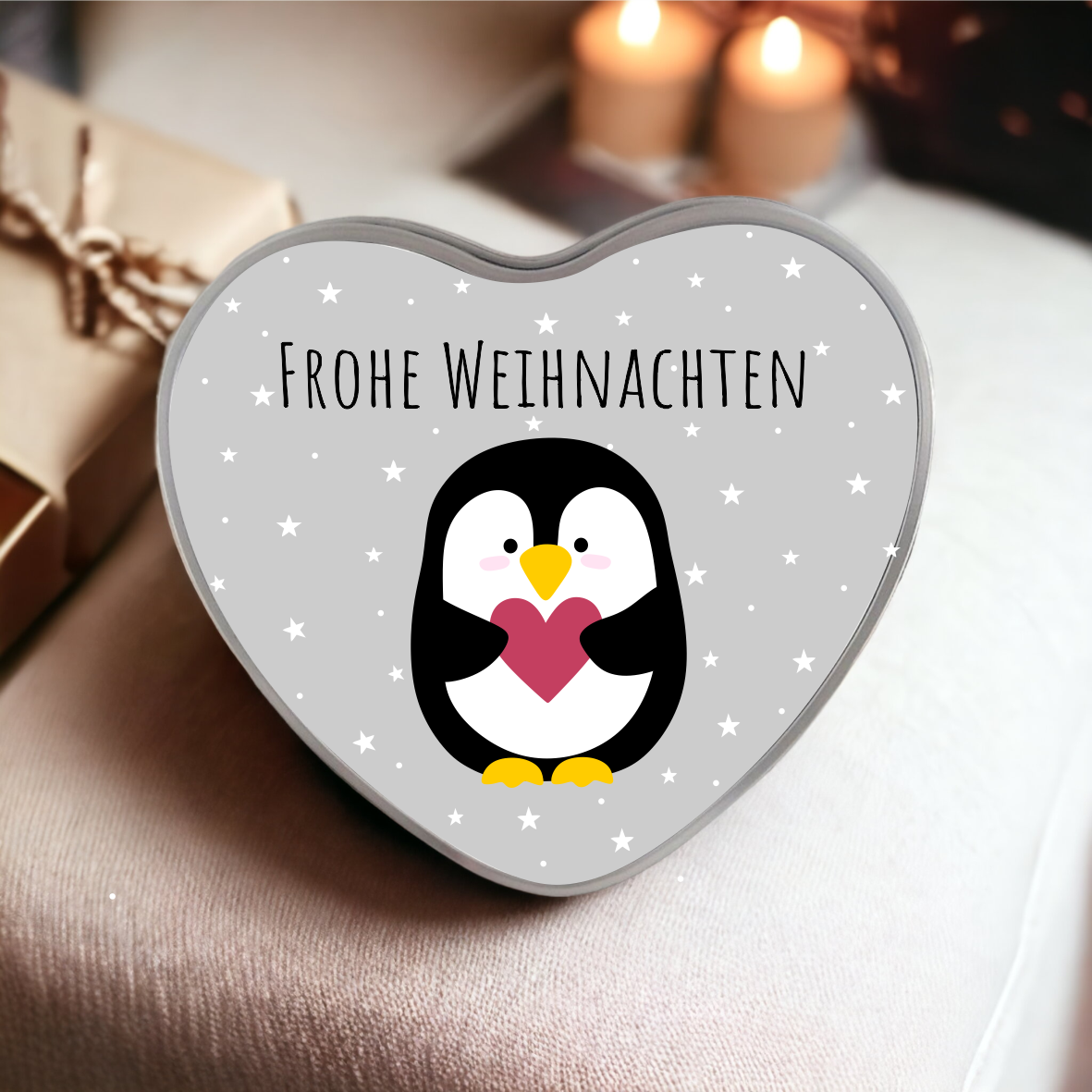 Geschenkdose Herz, "Pinguin-Frohe Weihnachten"