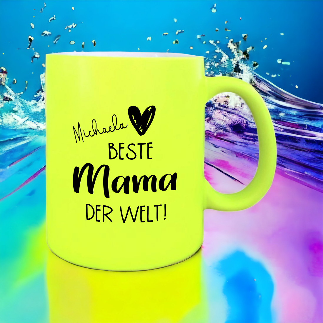 NEON Tasse "Beste Mama der Welt", gelb mit Wunschnamen