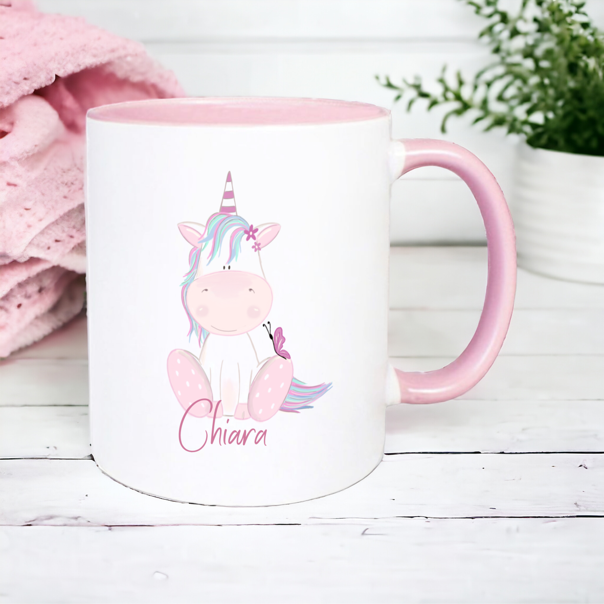 Keramik Tasse rosa, "Baby Einhorn" mit Wunschnamen