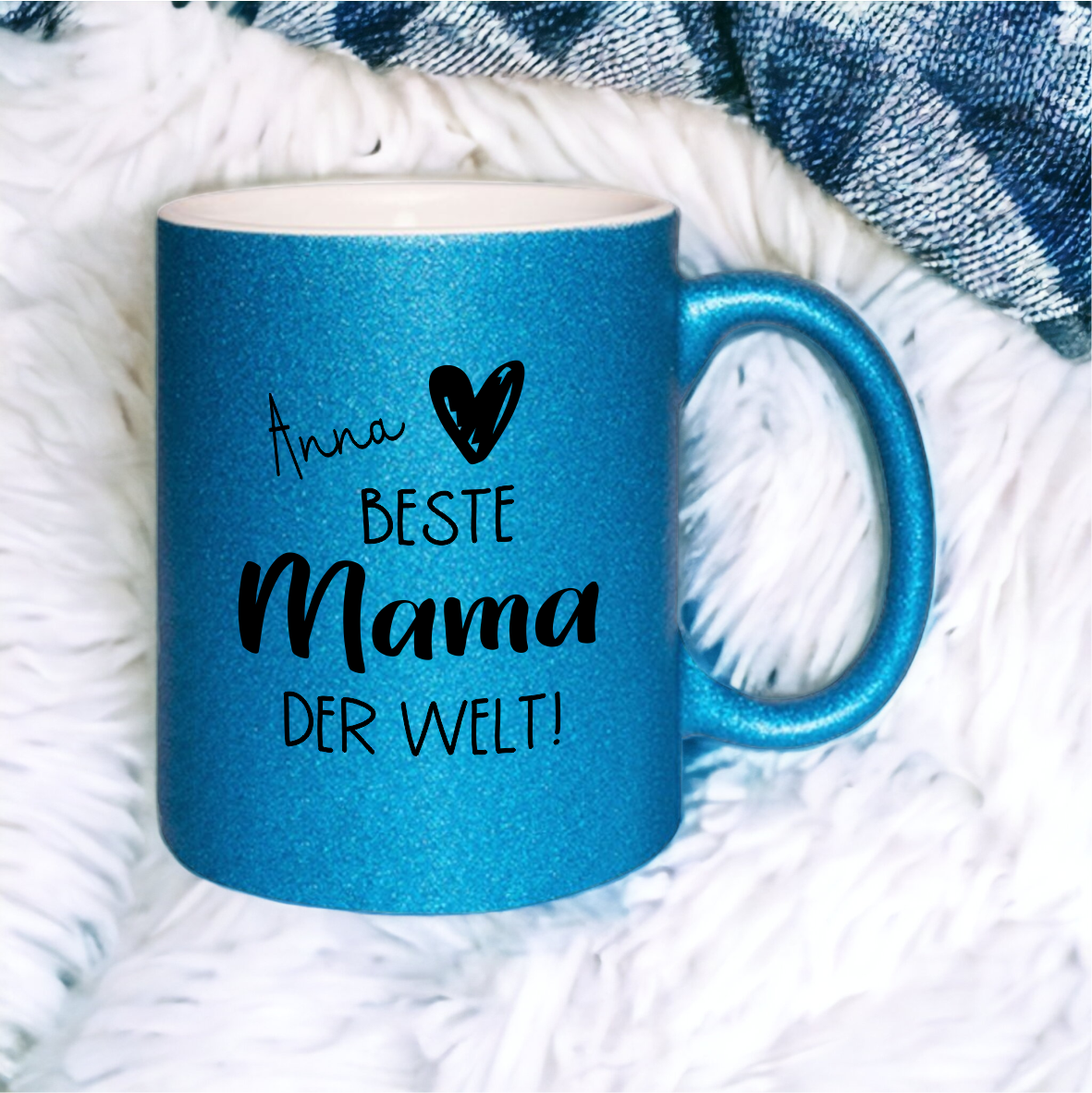 Glitzer Tasse "Beste Mama der Welt", blau mit Wunschnamen