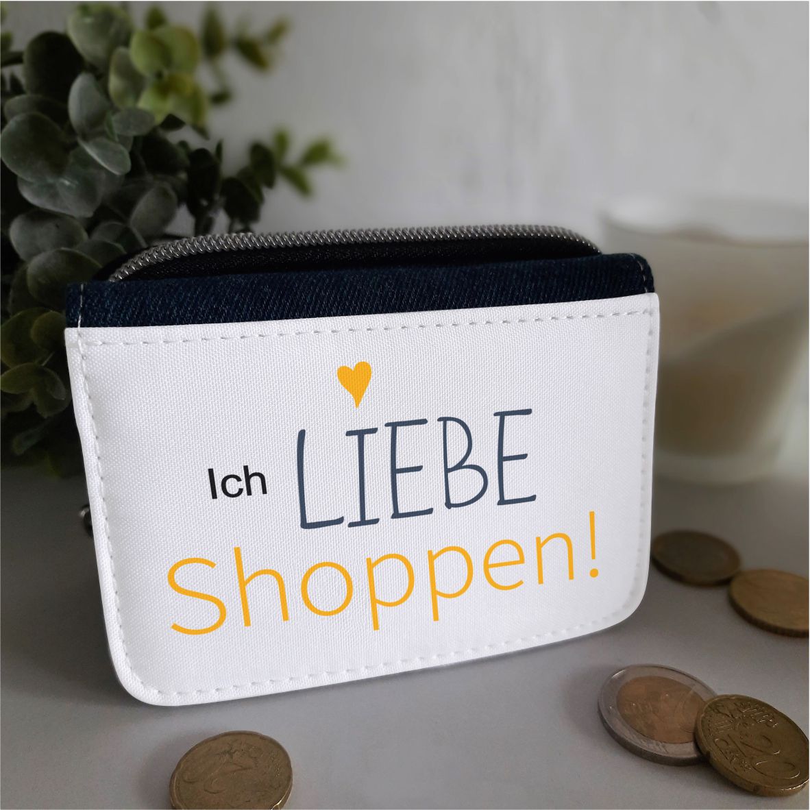 Textil Geldbörse "Ich liebe Shoppen", jeansblau